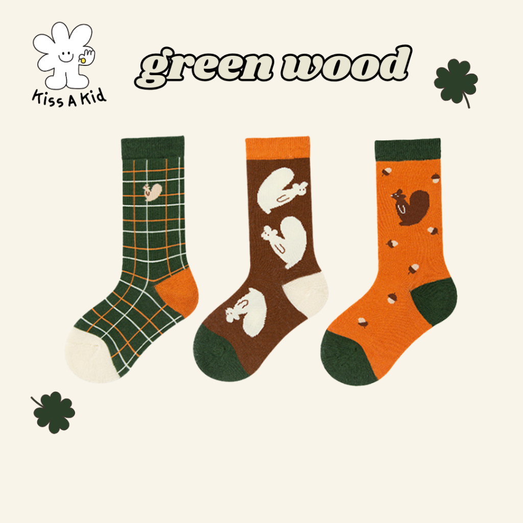 kiss.a.kid ถุงเท้าเด็กแฟชั่น ข้อกลาง : ลาย green wood