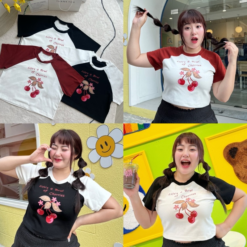 เสื้อครอปทูโทน Cherry mini เสื้อครอปสกรีนลายเชอร์รี่ อก34-52นิ้ว (มีไซซ์) plussize