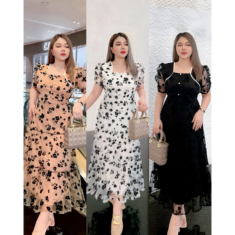 Recommend เดรสยาวคอเหลี่ยมแขนเจ้าหญิงผ้าตาข่ายปักกำมะหยี่แต่งขอบฉลุขาว#Maisie Shop