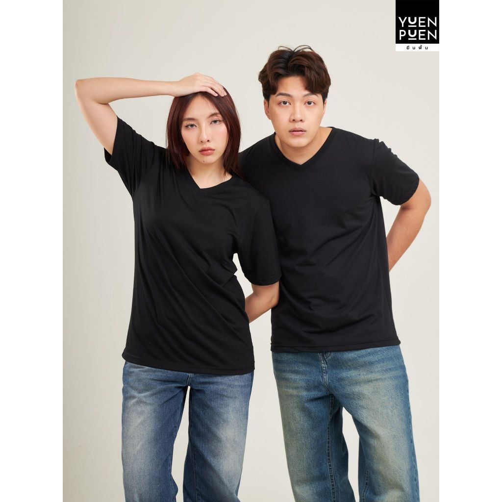 YuenPuen เสื้อยืดคอวี สีดำ ยืนพื้น ไม่ยืด ไม่ย้วย ไม่ต้องรีด สีพื้น เนื้อผ้านุ่มใส่สบาย