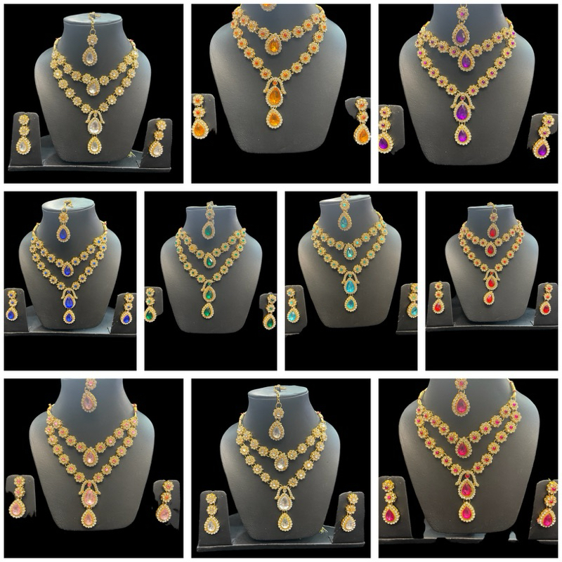 necklaceสร้อยคอหยดน้ำตาอินเดีย# ชุดเครื่องประดับสไตล์อินเดีย ชุดสร้อยคออินเดียใส่กับชุดแขก ครบชุด พร้อมต่างหู จี้หน้าผาก