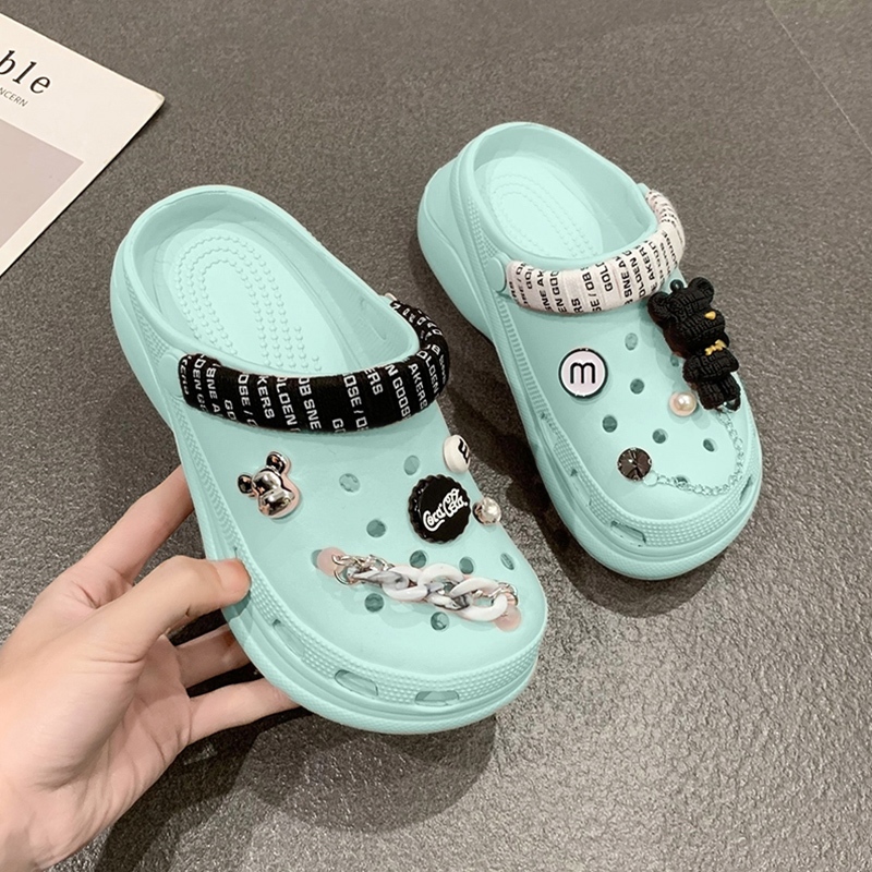 Yeeica กำลังฮิต รองเท้าหัวโตเเฟชั่นผู้หญิง วัสดุดีคุณภาพ มีหลากหลายสีให้เลือกจุกๆสายรัดส้น สีขาว+สีดํา ตัดสลับสีสุดปัง