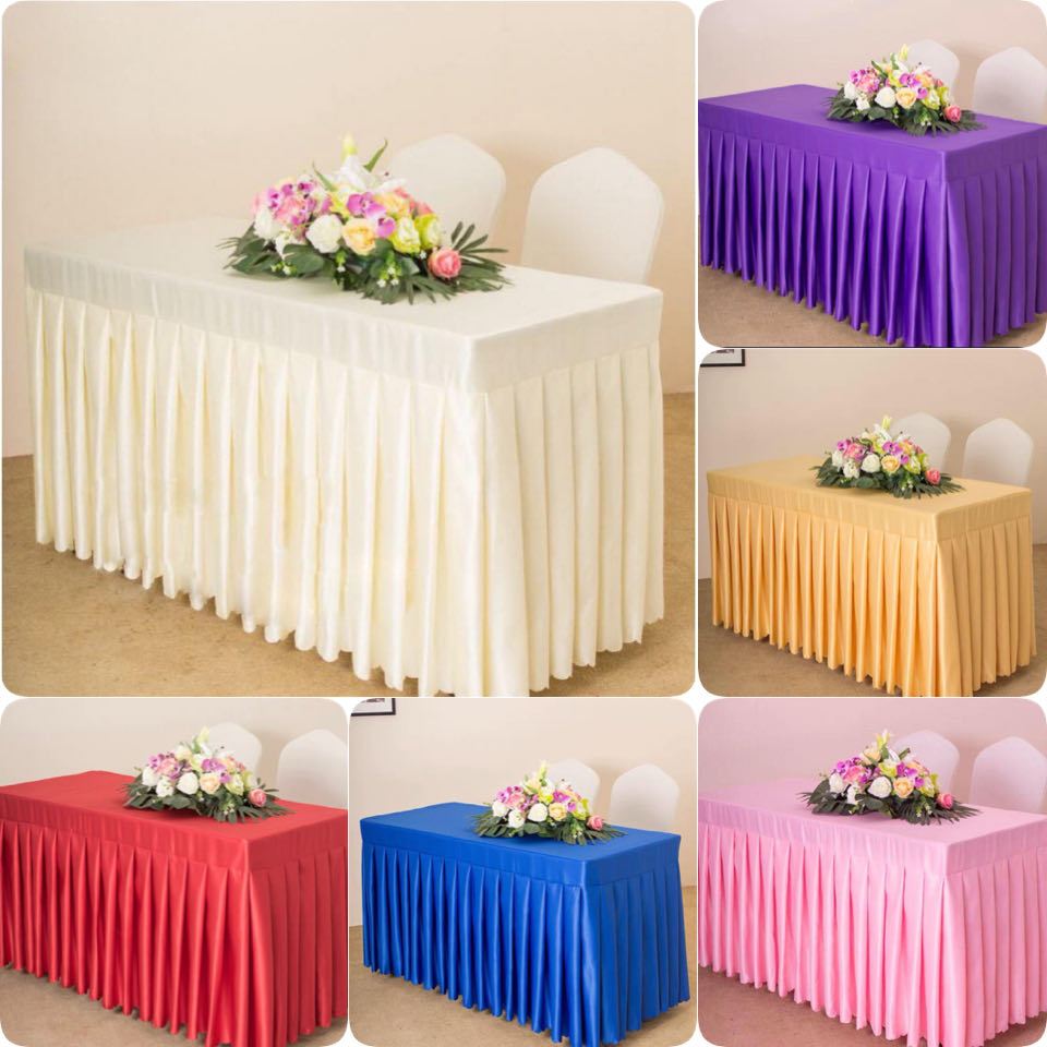 ผ้าคลุมโต๊ะจับจีบสำเร็จ เนื้อผ้าซาตินหนาเงา คลุมโต๊ะประชุม สัมนา