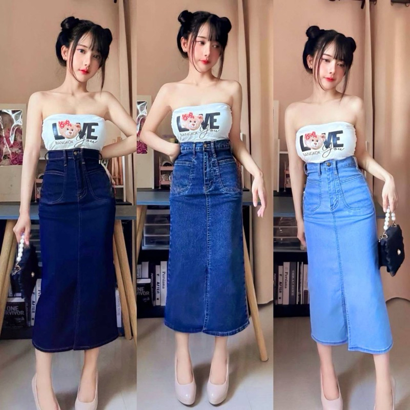 กระโปรงยีนส์ยืด เอวสูง ยาว30นิ้ว เรียบหรูดูแพง