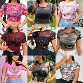 พร้อมส่ง เสื้อยืดสาวอวบ สไตส์ Y2K ผ้าซีทูบางโปร่งแสง ไม่รวมเ…