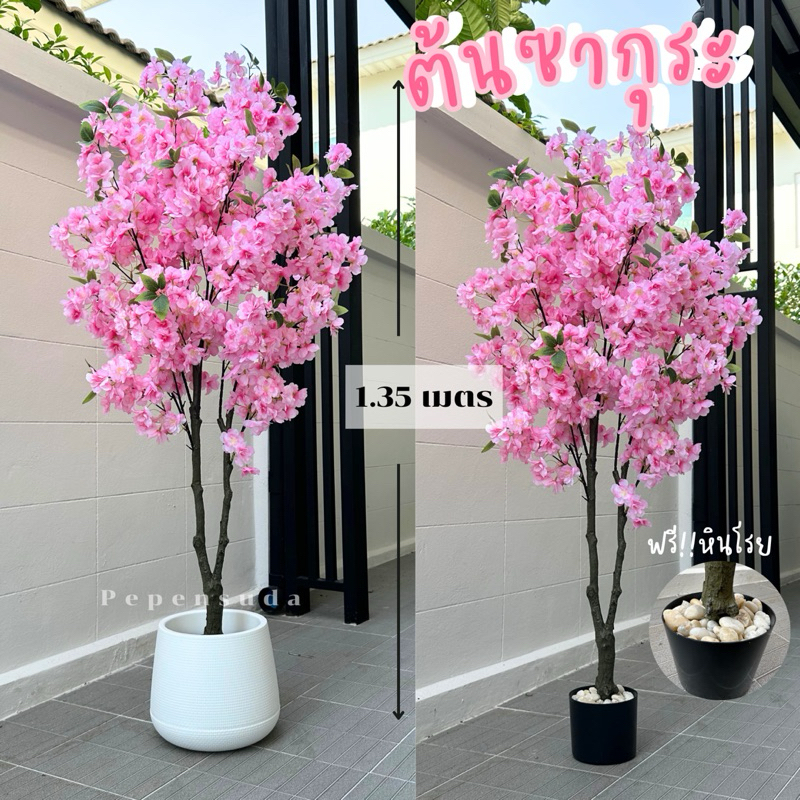 [ออกใบกำกับภาษีได้](พร้อมส่งจากไทย 🇹🇭) ต้นซากุระปลอม💕 สูง 1.35 เมตร พร้อมกระถางหล่อปูน รุ่นพุ่มหนาดอกฟู สินค้า1-3วันถึง