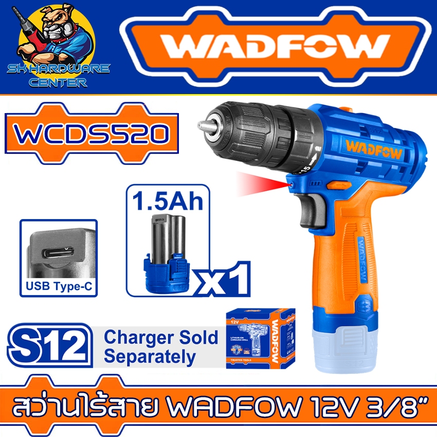 สว่านไร้สาย WADFOW แบตเตอรี่ 12V. ขนาดหัวจับดอก 10mm (3/8") รุ่น WCDS520 (รับประกัน 1ปี)