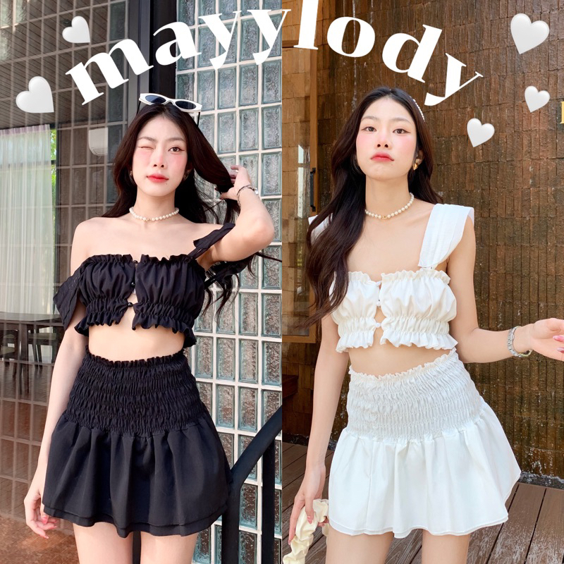 🎀mayylody🎀 Jiw Jiw เสื้อเวียดนาม สายเดี่ยว แต่งกระดุมมุกหน้า  + กระโปรง สม็อคชายระบาย ใส่แมทช์คู่สวยเเซบเกินต้าน