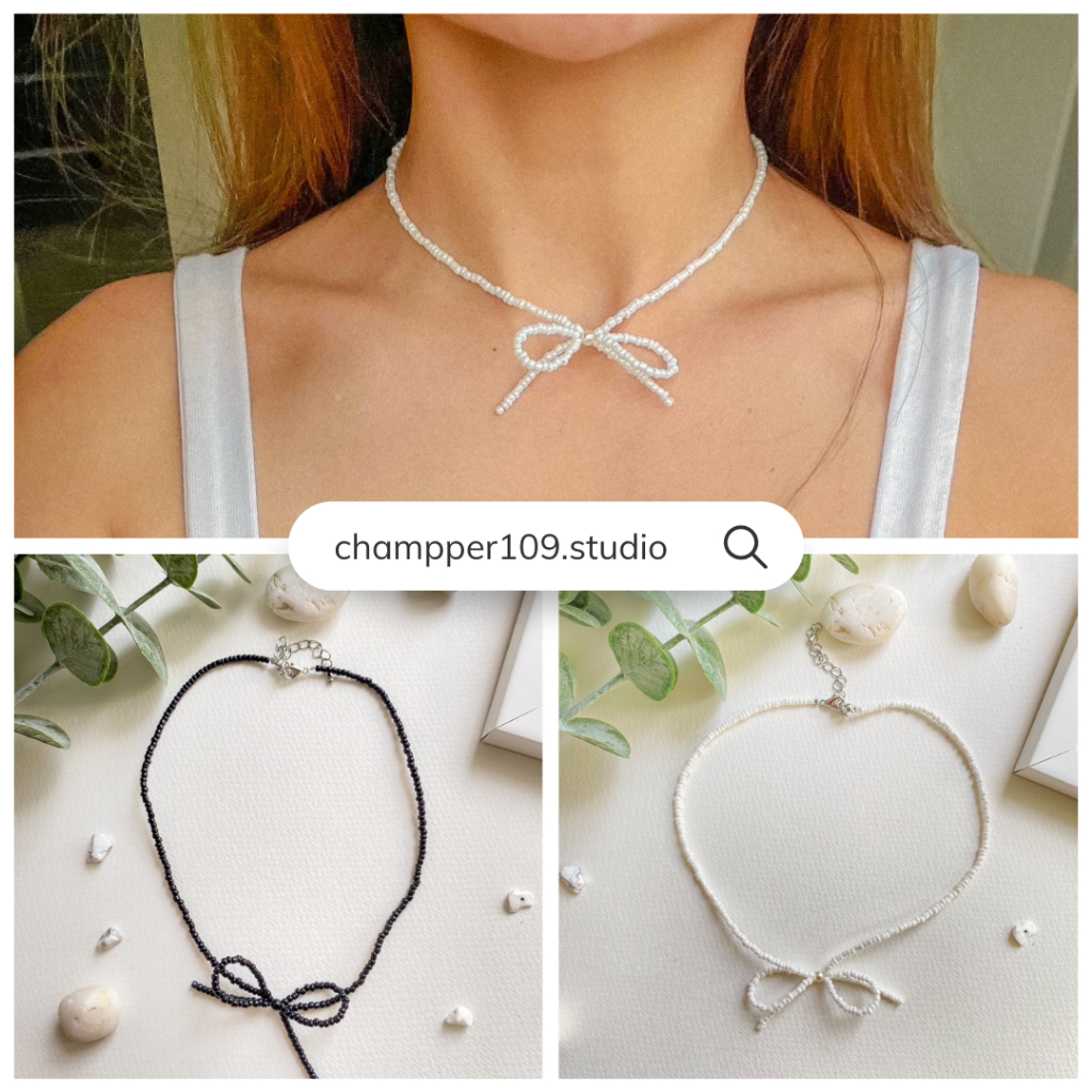 สร้อยลูกปัดโบว์ สร้อยสไตล์เกาหลี สร้อยมินิมอล งาน handmade พร้อมส่ง