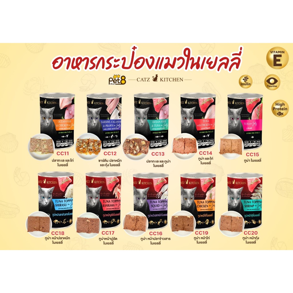 PET8 อาหารแมว ในเยลลี่ 10 รสชาติ กระป๋องบุบนะจ๊ะ ขายถูก ไม่เค็ม เสริมวิตามิน E Grain Free ยกโหล CATZ KITCHEN 400g