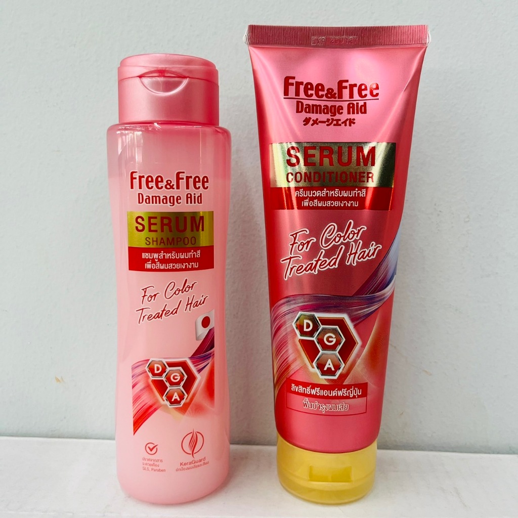 Free and Free damage aid serum shampoo สูตรสีแดง เซรั่มแชมพูและครีมนวด ฟรีแอนด์ฟรี สำหรับผมทำสี