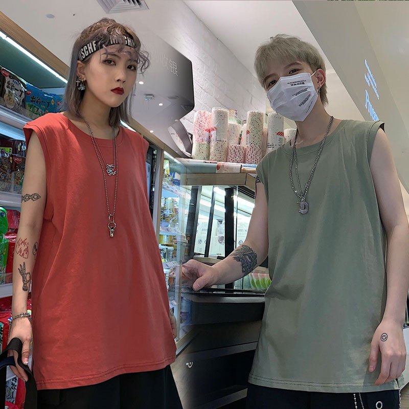 เสื้อบาสแขนกุดกล้ามผู้ชาย สีขาว oversized เสื้อผ้าวินเทจผู้หญิง มินิมอล เสื้อคู่รักน่ารักสไตล์เกาหลี สตรีท สีพื้น