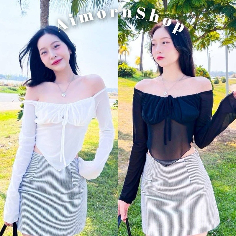 aimorn_shop เสื้อครอป ผ้าซีทรู มีซับในทุกตัวแขนยาว มีสายคล้องคอ สวยเป๊ะมากๆ