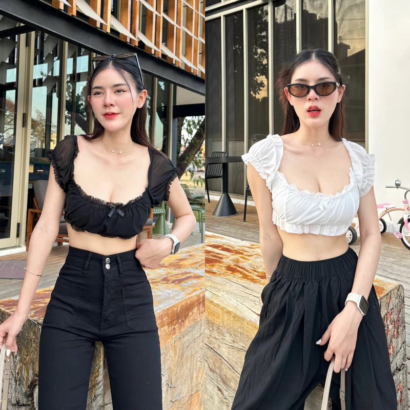 🌈SpinnyHouse🌈เสื้อครอปแขนตุ๊กตา ผ้ามุ้ง2ชั้น แต่งโบว์ช่วงอก 🎀 ผ้ายืดใส่สบาย นางแบบใส่งานจริงค่า รุ่น โบว์รัก B-007-3-B