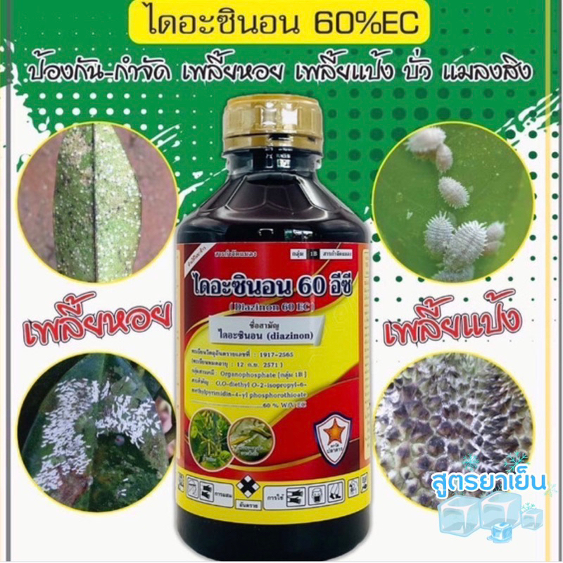 ไดอะซินอน ขนาด 1 ลิตร เพลี้ยแป้ง เพลี้ยหอย แมลงหวี่ขาว หนอนม้วน หนอนคืบ หนอนชอนใบ แมลงปีกแข็ง แมลงบั่ว แมลงสิง ยาเย็น