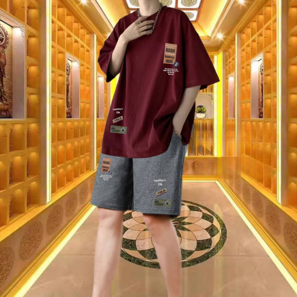 ชุดเสื้อยืดแขนสั้นใส่เที่ยวสงกรานต์+กางเกงขาสั้นสกรีนลายเท่ๆ เสื้อผ้าคอตตอนยืดใส่สบายสีไม่ตก (รหัส 2020 กางเกงสีเทา)