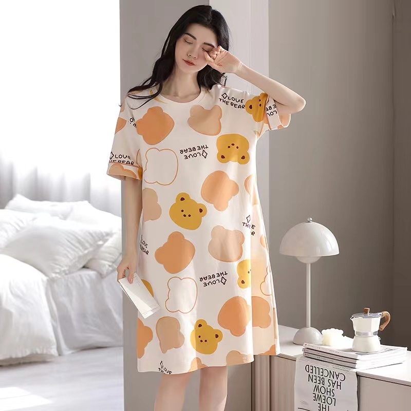 พร้อมส่งชุดนอนสตรีชุดนอนผ้ายืดผสมคอตตอน กระโปรงยาว เดรส ฟรีไซส์ Sleepwear เสื้อผ้า