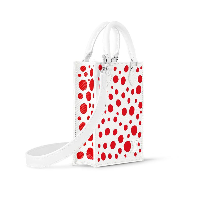กระเป๋าผู้หญิง Louis Vuitton แท้ 100% LV x YK PETIT SAC PLAT หนังวัวลายเกรนกระเป๋าถือไหล่พิมพ์ลายจุดสีแดงและสีขาว