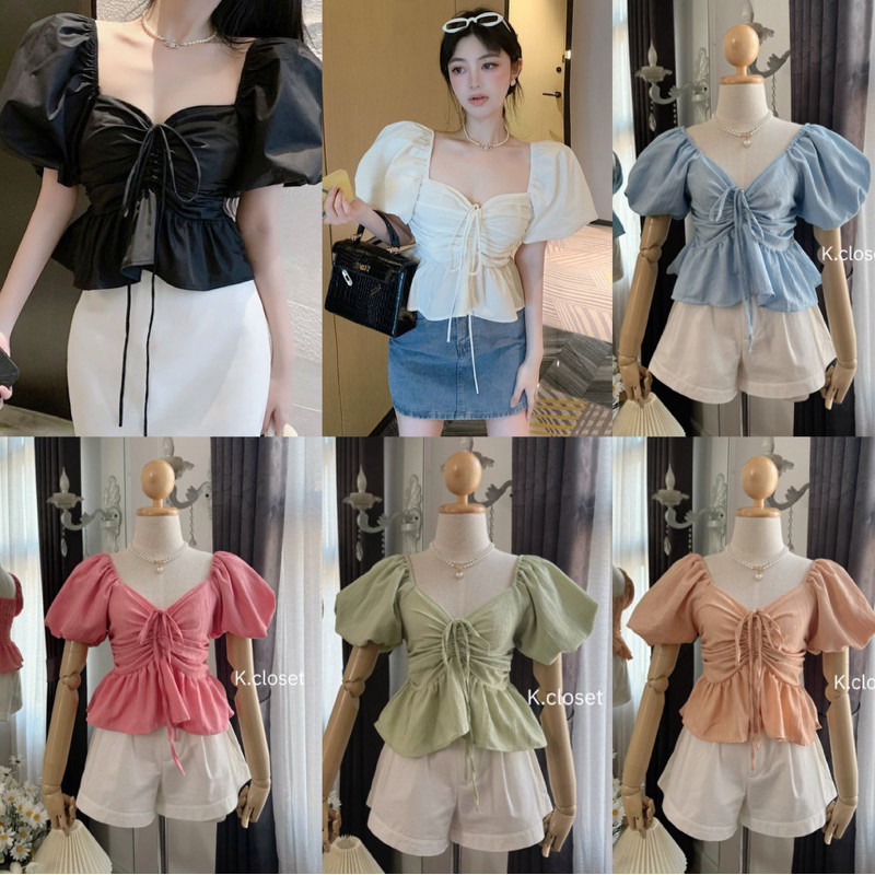 เสื้อแขนพอง ลายดอกรูดหน้า
