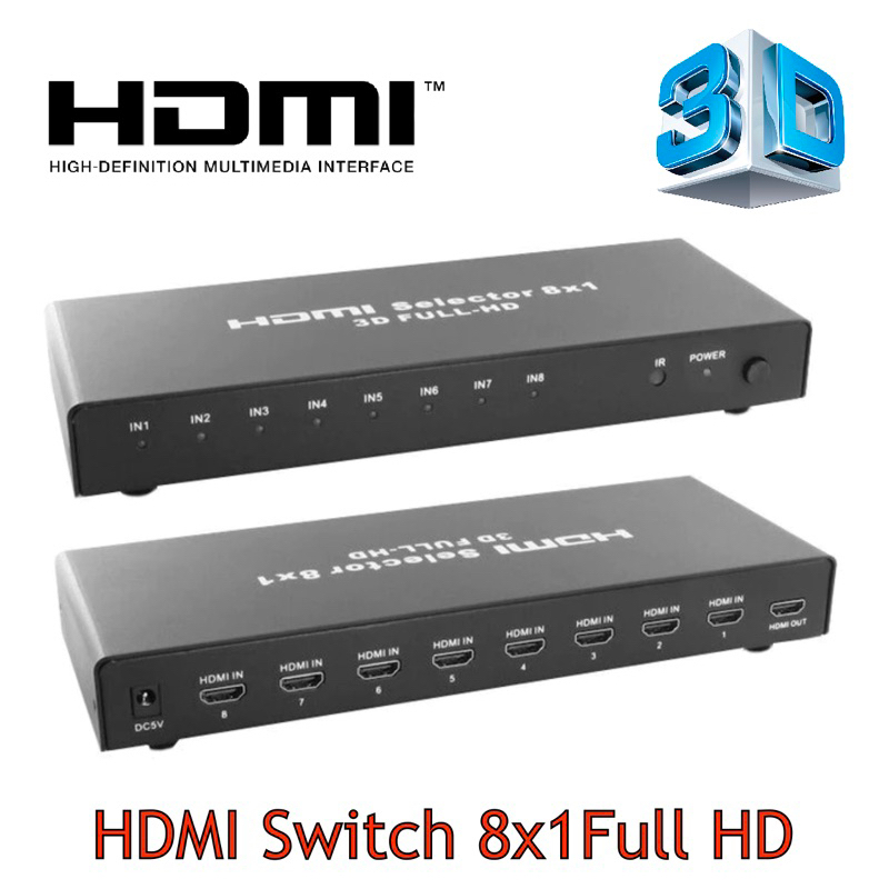 HDMI Switch 8 Port Selector 8X1 Full HD กล่องเลือกสัญญาณเข้า 8ออก1จอ กดสลับ