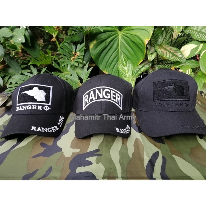 หมวกแก๊ปสีดำปักรูปคนยิงปืนสีขาว , สีดำ , RANGER สีขาว