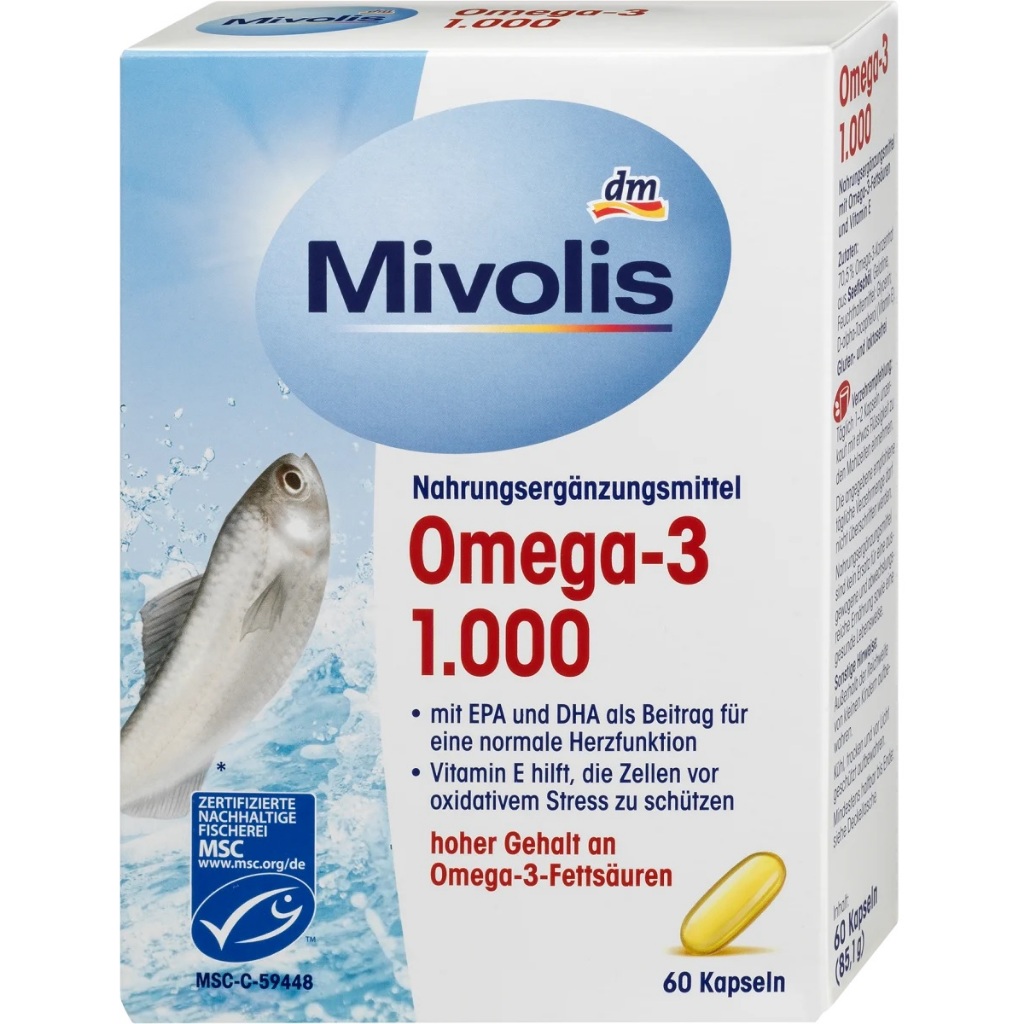 โอเมก้า3,น้ำมันปลา,น้ำมันตับปลา Mivolis Omega-3, 1000mg 60 capsules  จากเยอรมัน