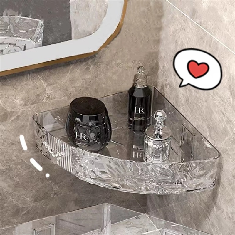 ชั้นวางของในห้องน้ํา สีโปร่งใส ชั้นวางอเนกประสงค์ มีตะขอที่วางของเข้ามุมสามเเหลียม การติดตั้งแบบไม่ต้องเจาะ KKHOME