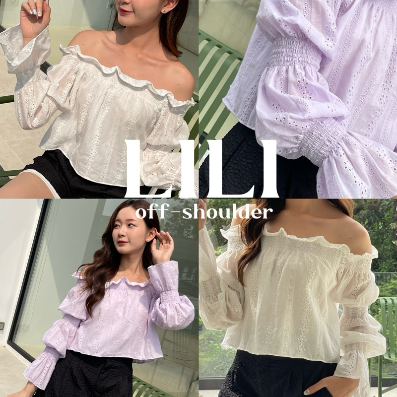DL39 - lili off shoulder เสื้อปาดไหล่ลายฉลุ เสื้อสีส้ม dressylismm