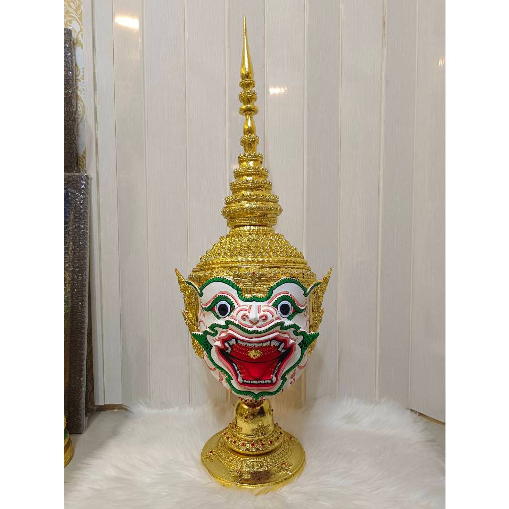 หัวโขน หนุมานครองเมือง ขนาดสวมหัว งานกระดาษ ปิดทองเค ประดับเพชรคริสตัล พร้อมฐานไม้สีแดงฟรี งานคุณภาพ เศียรครู