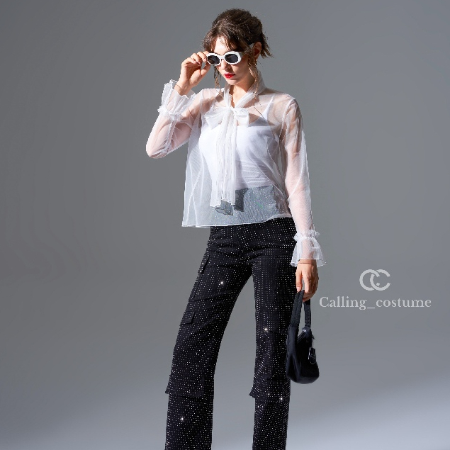 CALLING_COSTUME เสื้อซีทรู+ซับขาวผูกโบว์ที่คอคอ+กกคาร์โก้ปักเลื่อม Top 2 piece (CL726) Pants (CL727)