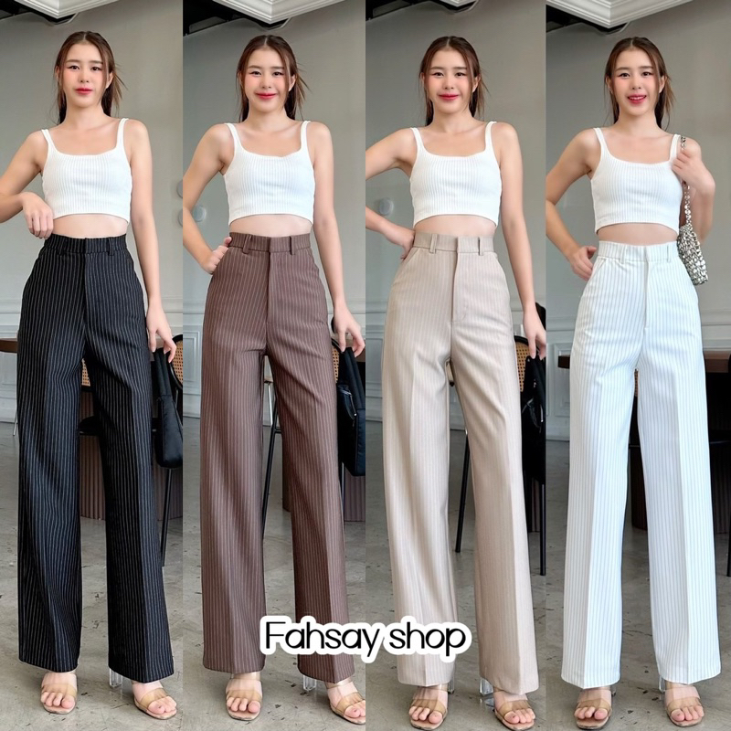 กระบอกกลางลายริ้ว ผ้าโรเชฟ รุ่น Rose pants #A01