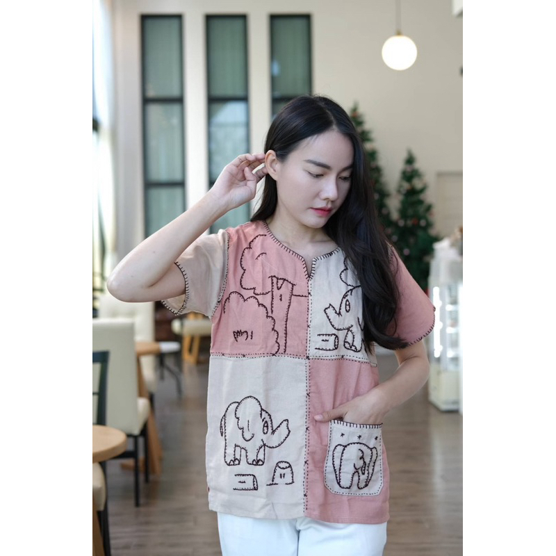 เสื้อผ้าฝ้ายทูโทนปักด้นลายช้าง