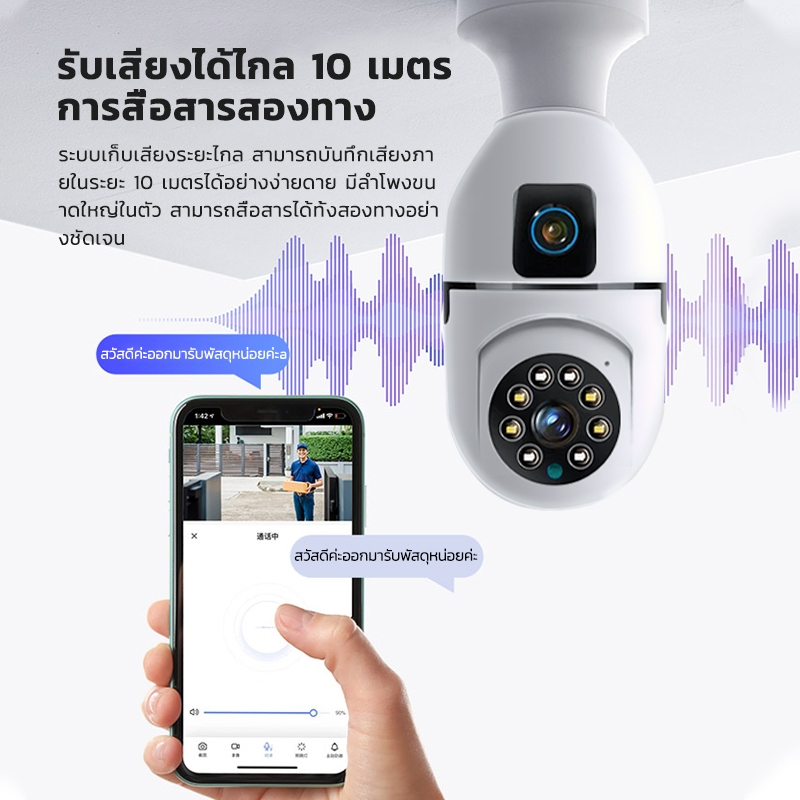 กล้องหลอดไฟ 5MP 2เลนส์ Dual lens ดูกล้อง2จอในเวลาเดียวกัน เชื่อมไวไฟ2.4G ภาพสีสดใส พูดสนทนาได้ app V380 Pro
