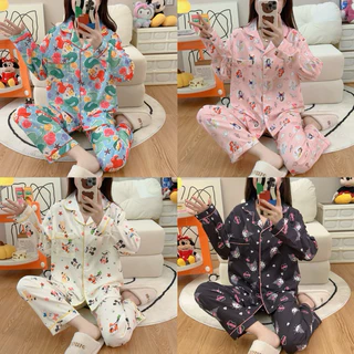 🎀พร้อมส่ง ชุดนอนไหมอิตาลีพรีเมียร์ แขนยาวขายาว ลายการ์ตูน ผ้านิ่มมาก กระดุมหน้าคอปก