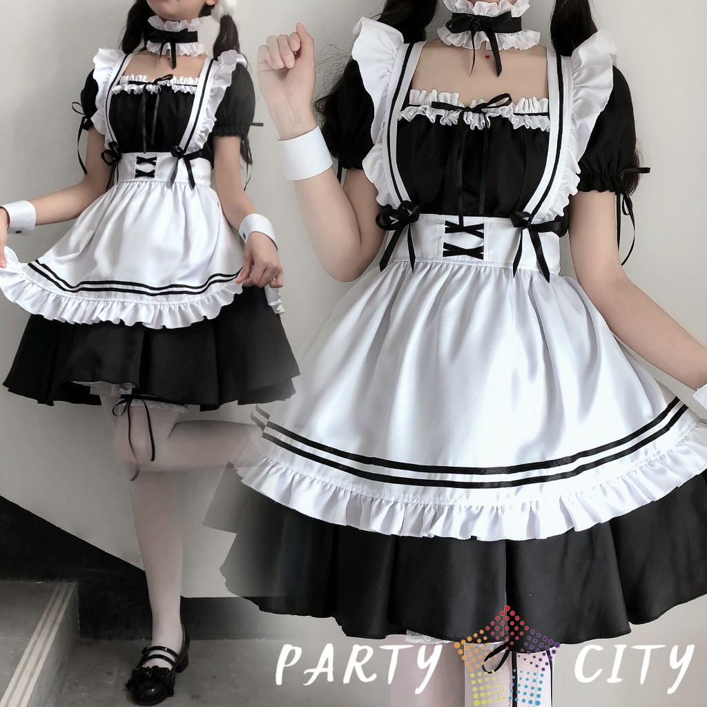 PARTY CITY ชุดแม่บ้าน ชุดคอสเพลย์ ชุดเมด ​ กระโปรงเเต่งลูกไม้ขาว พร้อมจัดส่ง PC-679