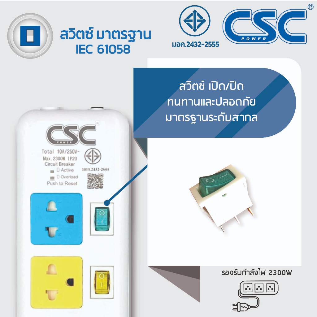 CSC POWER รางปลั๊กไฟ มาตรฐาน มอก. 3-6ช่อง สวิตช์ทุกช่อง มี/ไม่มีUSB 3-5เมตร รับประกัน3ปี Colourful ราคา ถูกที่สุด ดีลบีเคเค แกลเลอรีภาพที่ 4