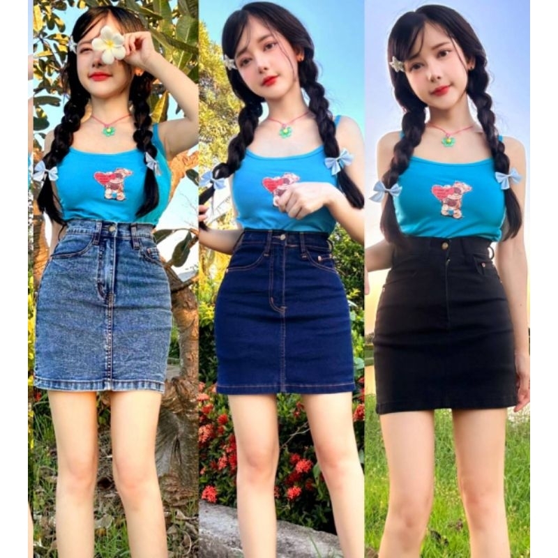 กระโปรง​ยีนส์สั้น ผ้ายืด เอวสูง ทรงเข้ารูป