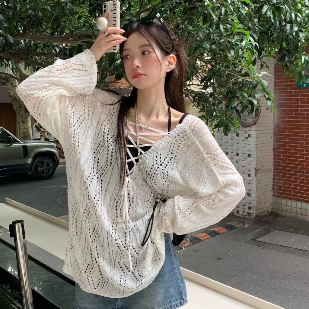 [Sheing office]🌟พร้อมส่ง🌟เสื้อแขนยาว แบบผูกเชือก สไตล์เกาหลี แฟชั่นสําหรับผู้หญิง#FZ7