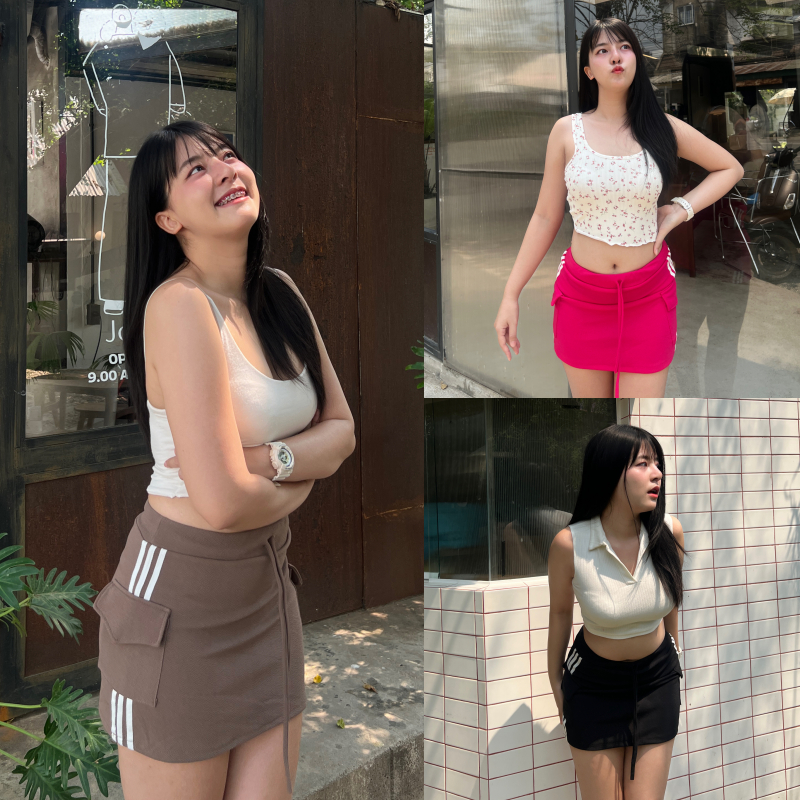 SpinnyHouse กระโปรงทรงเอ คาร์โก้แต่งแถบข้าง เอวเชือกรูดได้ ผ้าวูลเวฟไม่บางใส่สบาย พร้อมส่ง รุ่น วิ๊งแซ่บ