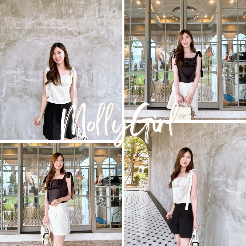 mollygirl เทศกาลสาดน้ำ ข้อเสนอพิเศษ เสื้อสายเดี่ยวผูกโบว์ ผ้าซาติน