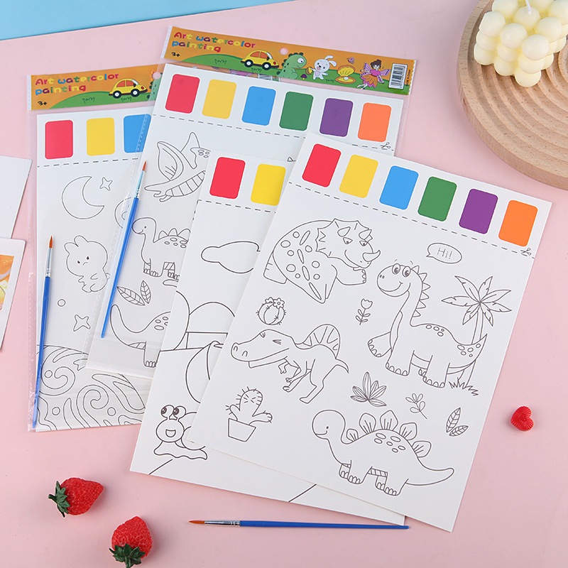 SALE พร้อมส่งในไทย ภาพวาดระบายสีน้ำ DIY มาพร้อมสีในตัว แบบพกพา สมุดระบายสีน้ำ DIY ของเล่นเด็ก (2แผ่น/set)