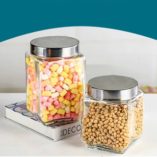 โหลแก้วใส่ขนม กระปุกแก้วฝาสแตนเลส ทรงเหลี่ยม ทรงกลม ขนาด 250ml.-750ml.