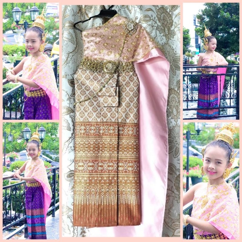 สีกะปิม่วงชุดไทยเด็ก3-10ปีสไบและผ้าถุงเป็นยางยืดมีให้เลือก8ขนาด ราคาไม่รวมเครื่องประดับ