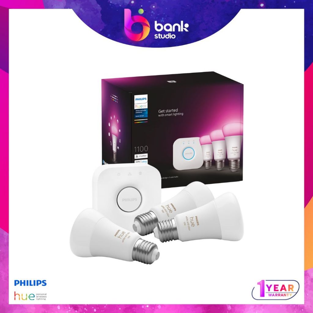 (ประกันศูนย์ 1ปี) Philips Hue Starter Kit White And Color 9.5W 3-Pack หลอดไฟเปลี่ยนสีอัจฉริยะ 3 หลอด พร้อม Bridge