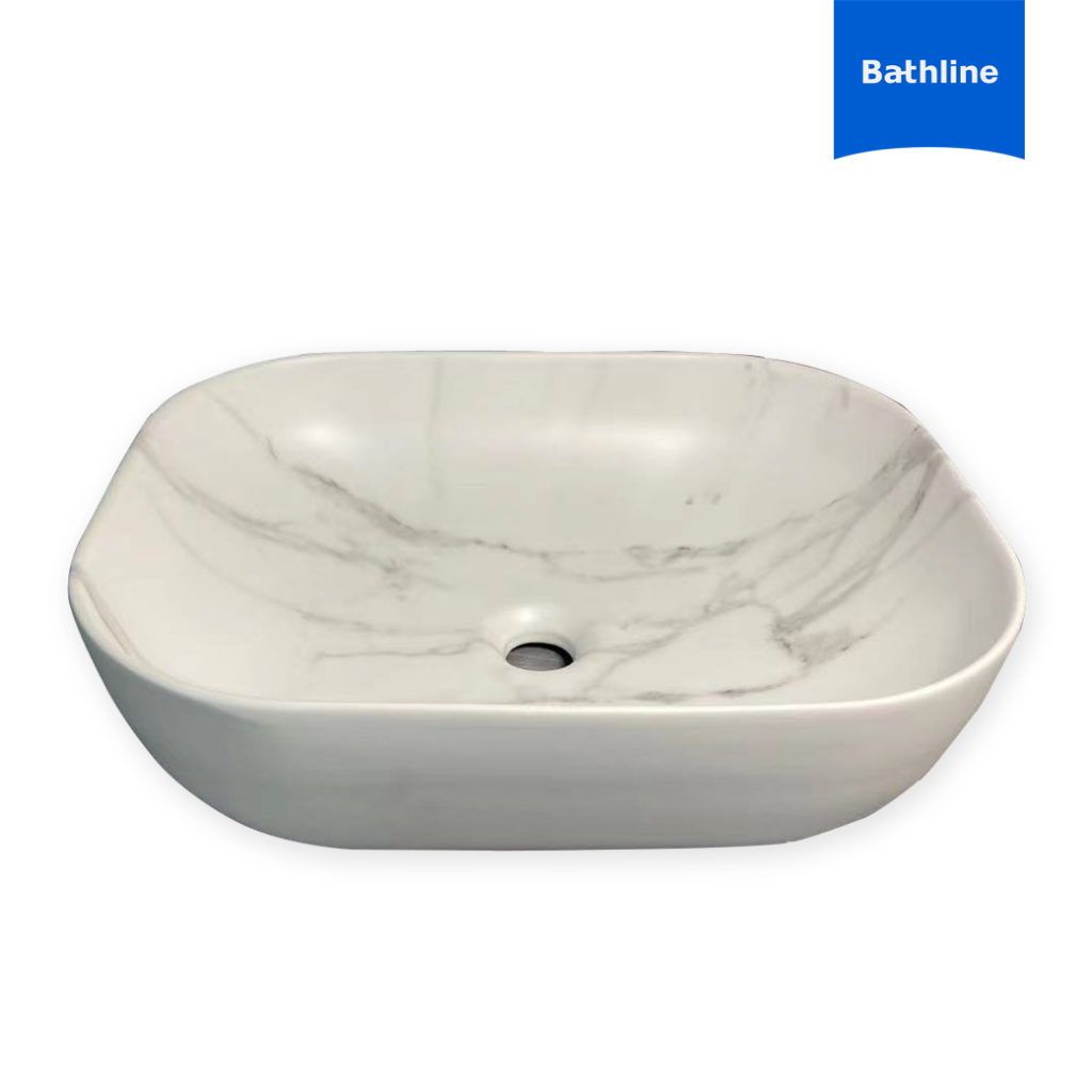 BATHLINE อ่างล้างหน้าวางบนเคาน์เตอร์ ลายหินอ่อน สีขาว ทรงมน