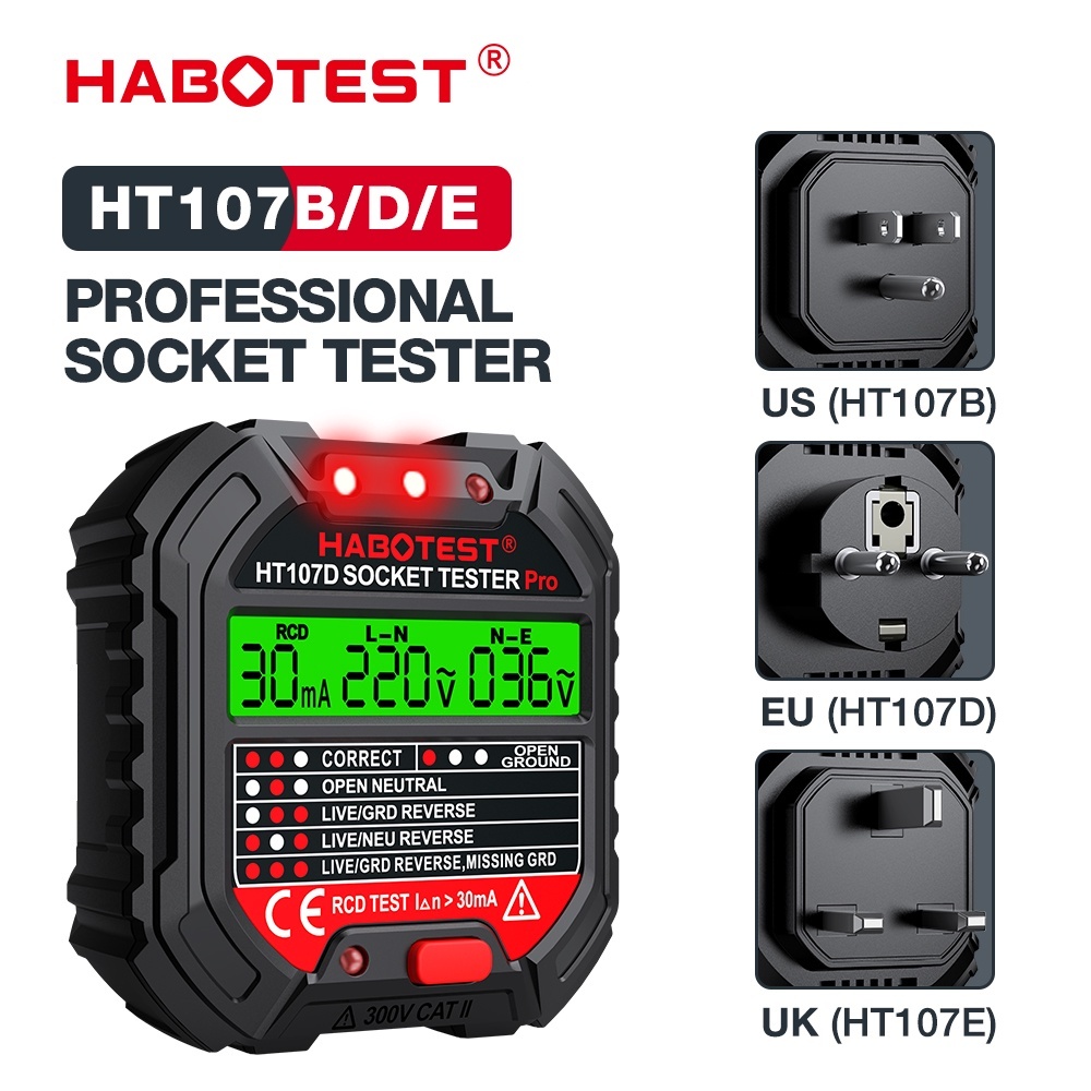 HABOTEST HT107B GFCI Socket Tester เครื่องทดสอบปลั๊กไฟ พร้อมจอแสดงแรงดันไฟฟ้า 48V-250V ภาษาไทย ประกัน 1 ปี