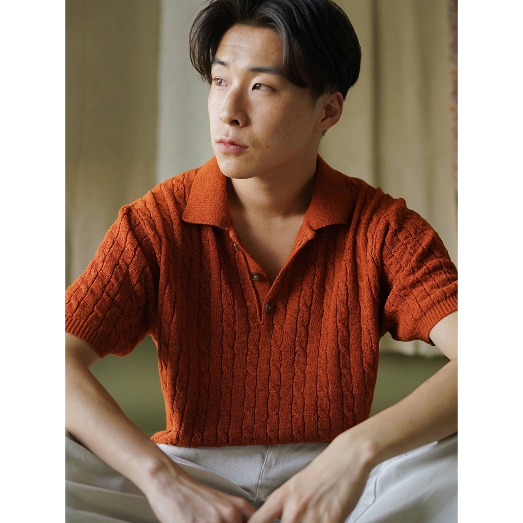 knitCircle - HARRY Polo (3 สี) Men's collection เสื้อโปโลไหมพรมแขนสั้น ทรงโอเวอร์ไซส์ ลายทอโซ่สลับลายทอเรียบรอบตัว_HIM12