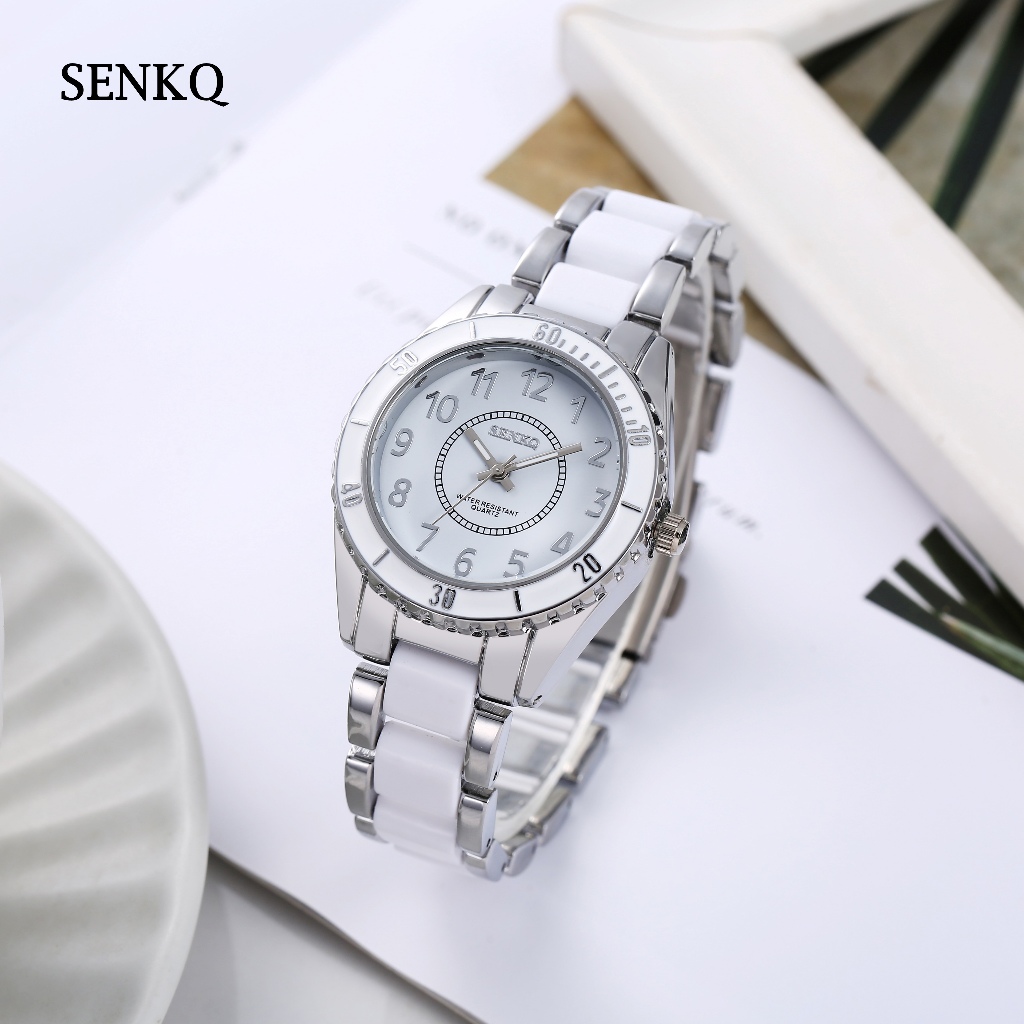 Senkq แฟชั่นนาฬิกาเซรามิกรุ่นล่าสุดนาฬิกาสําหรับผู้หญิงกันน้ํารุ่นพรีเมี่ยมโรสโกลด์สีขาวมินิมอลสีทอง