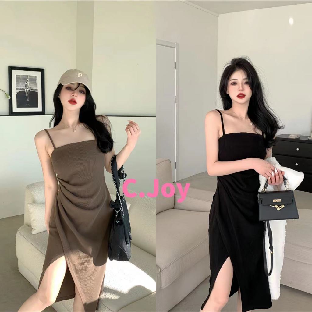 C.Joy ชุดเดรสสายเอี๊ยมสไตล์ยุโรปและอเมริกา กระโปรงรัดเอวเรียบหรูของสาวฮอตพร้อมดีไซน์ผ่า