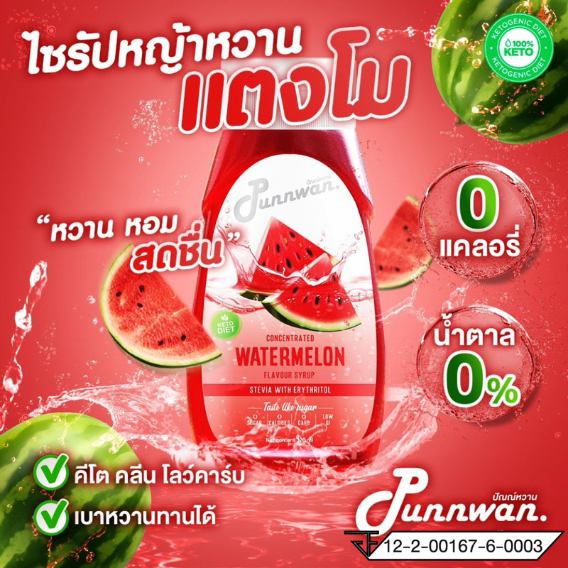 (คีโต) ไซรัปหญ้าหวาน รสแตงโม Watermelon Keto Syrup Sugar Free 320 ml